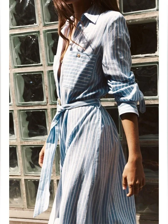 Zara Light Blue and White Striped Linen Blend Midi Shirt Dress - Picture 2 of 7